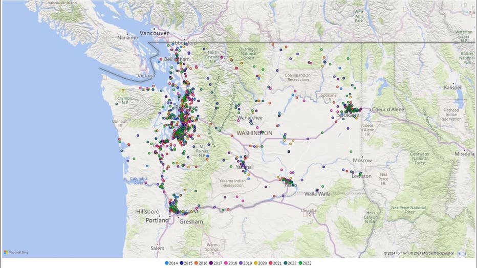 motorcyclist deaths in WA map by year