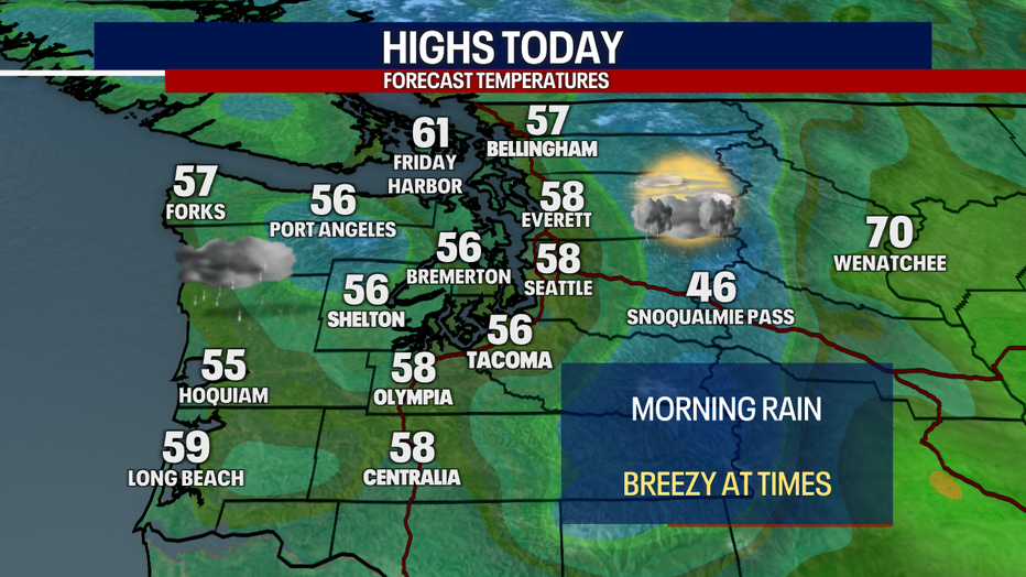 This map shows that below-average temperatures are forecast for Seattle Sunday.