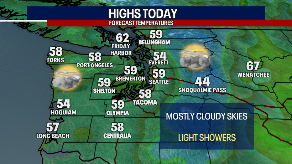 This map indicates that highs will reach the upper 50s for most Saturday.