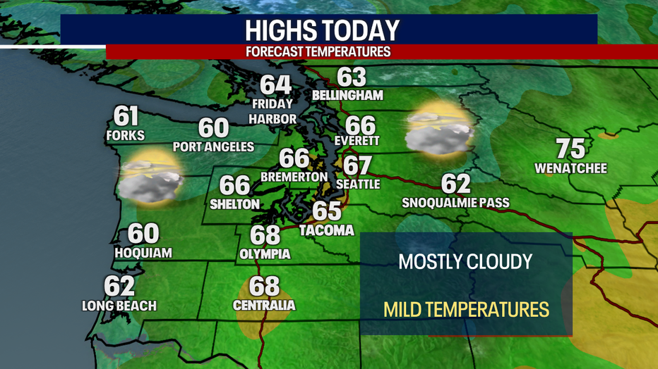 This map shows that temperatures will hover in the mid to upper 60s for most.