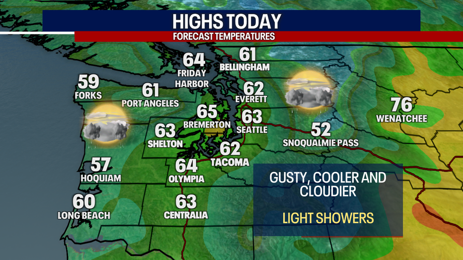 This map shows that temperatures reach the low to mid 60s Thursday afternoon.