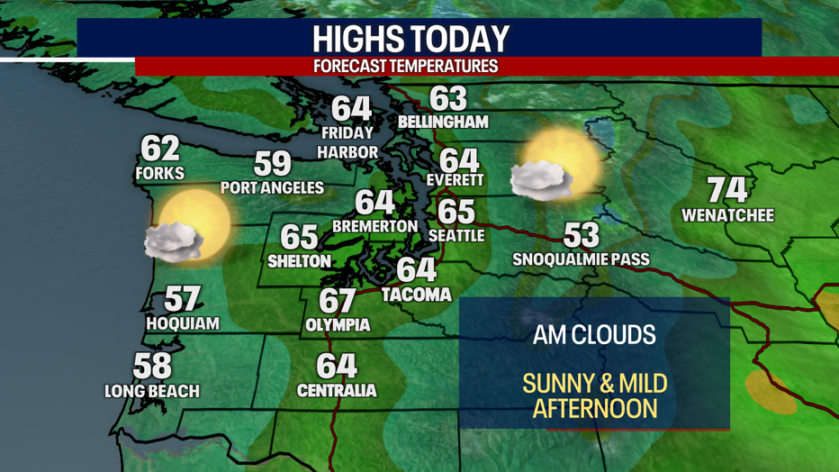 This map shows that highs will reach the 60s for most places in Western Washington.