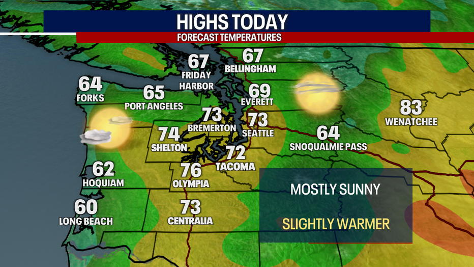 This map shows that temperatures will reach the upper 60s to mid 70s around Western Washington