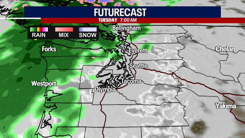 This map highlights the communities with the best chance for rain Tuesday morning.