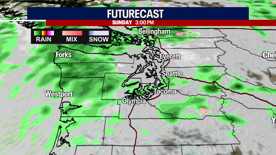 This map indicates that showers will favor the Olympic Peninsula and Cascades Sunday afternoon.