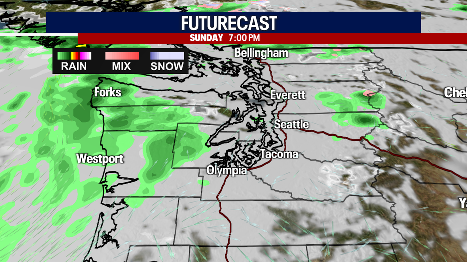 This map shows that slightly damp weather is expected for parts of Western Washington Sunday evening.