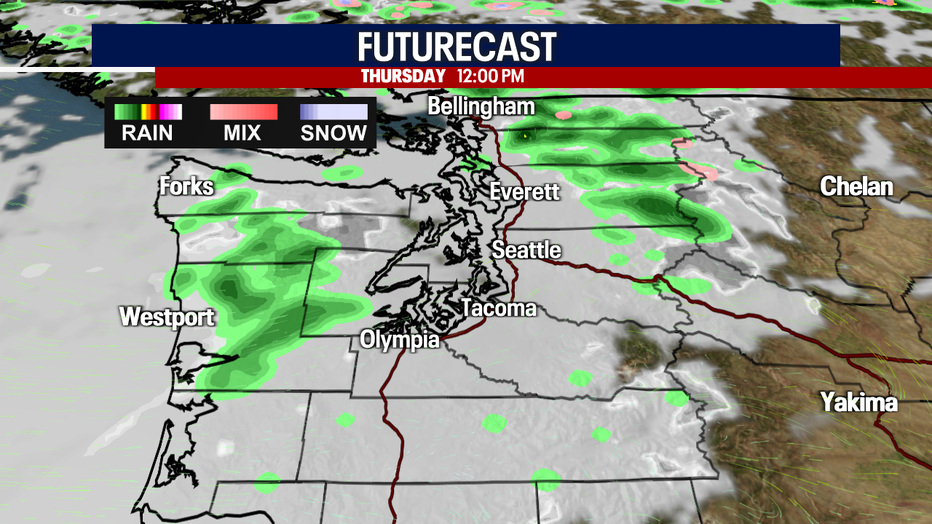 This map highlights which communities have the best chance for light rain Thursday.