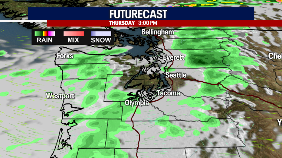 This map shows that the Olympic Peninsula and Cascades have the best chance for showers at 3 p.m. today.