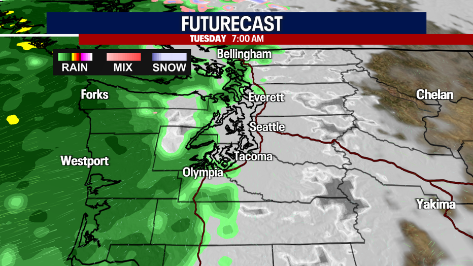 This map shows that the coast and Olympic Peninsula will wake up to rain Tuesday morning.