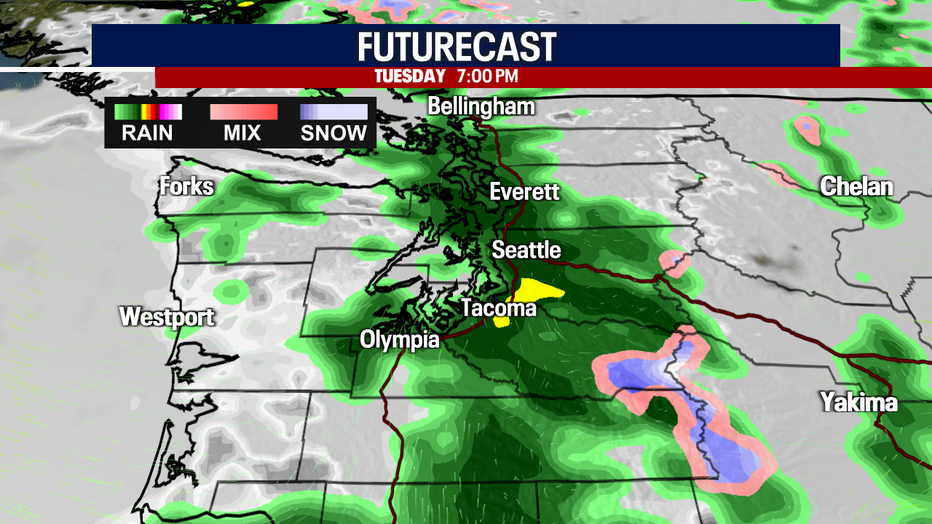 This map shows that rain is likely in many places at 7 p.m. Tuesday in Puget Sound.