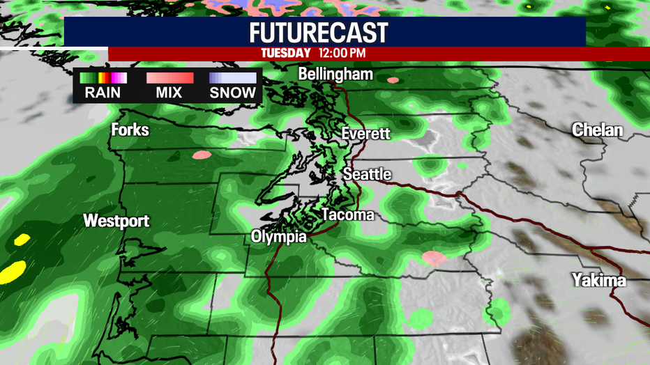 Rain is likely for many backyards in Western Washington at noon on Tuesday.