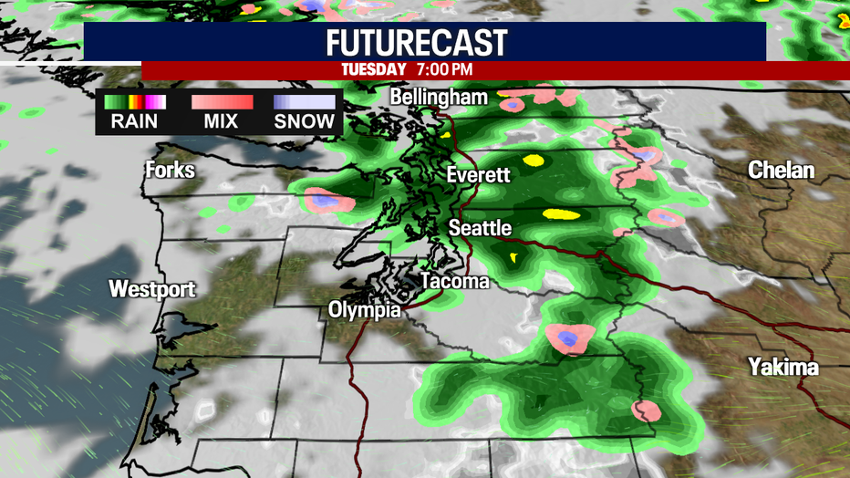 This map shows that rain will be ongoing for Seattle, Everett and Bellingham Tuesday night.