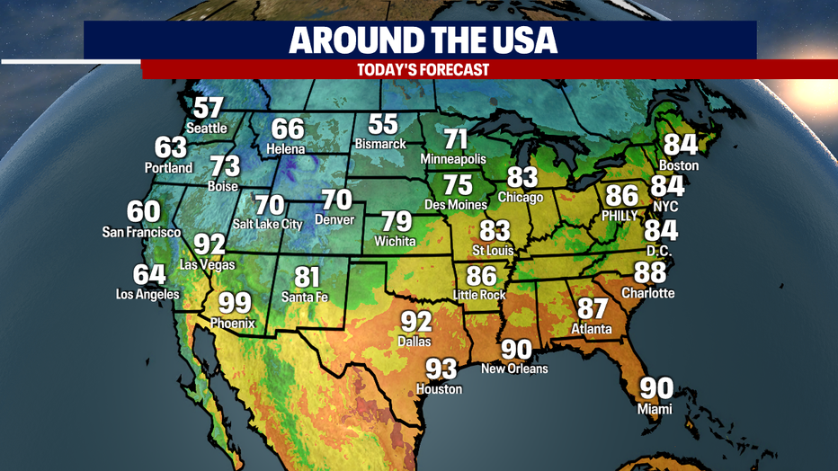 Forecasted high temperatures for Friday around the United States