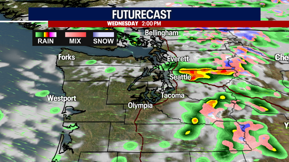 Downpours and spotty thunderstorms could develop at 2 p.m. Wednesday in Seattle